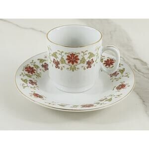 Demitasse Espresso Coffee Mug Teacup w/ Saucers Fine Porcelain Gold Trim Flower